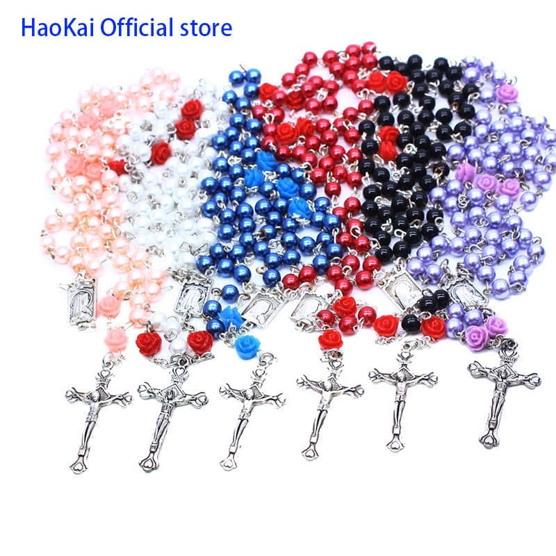[Joias Religiosas] Colar de Rosário de Pérolas Rosas Haokai com Corrente de Pérolas de 6mm, Joias Cristãs Católicas