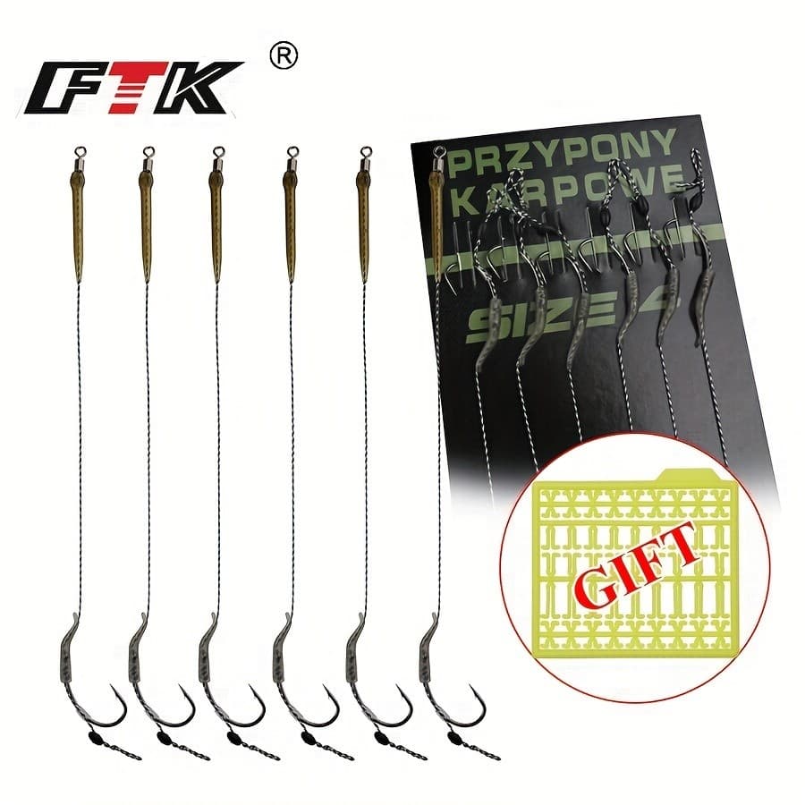 FTK 18.5cm/7.28inch 6pcs Leader Carp Fishing Hooks Hair Equipment with Line 30-60lb 2/4/6/8 # Europe Feeder Group Carp H