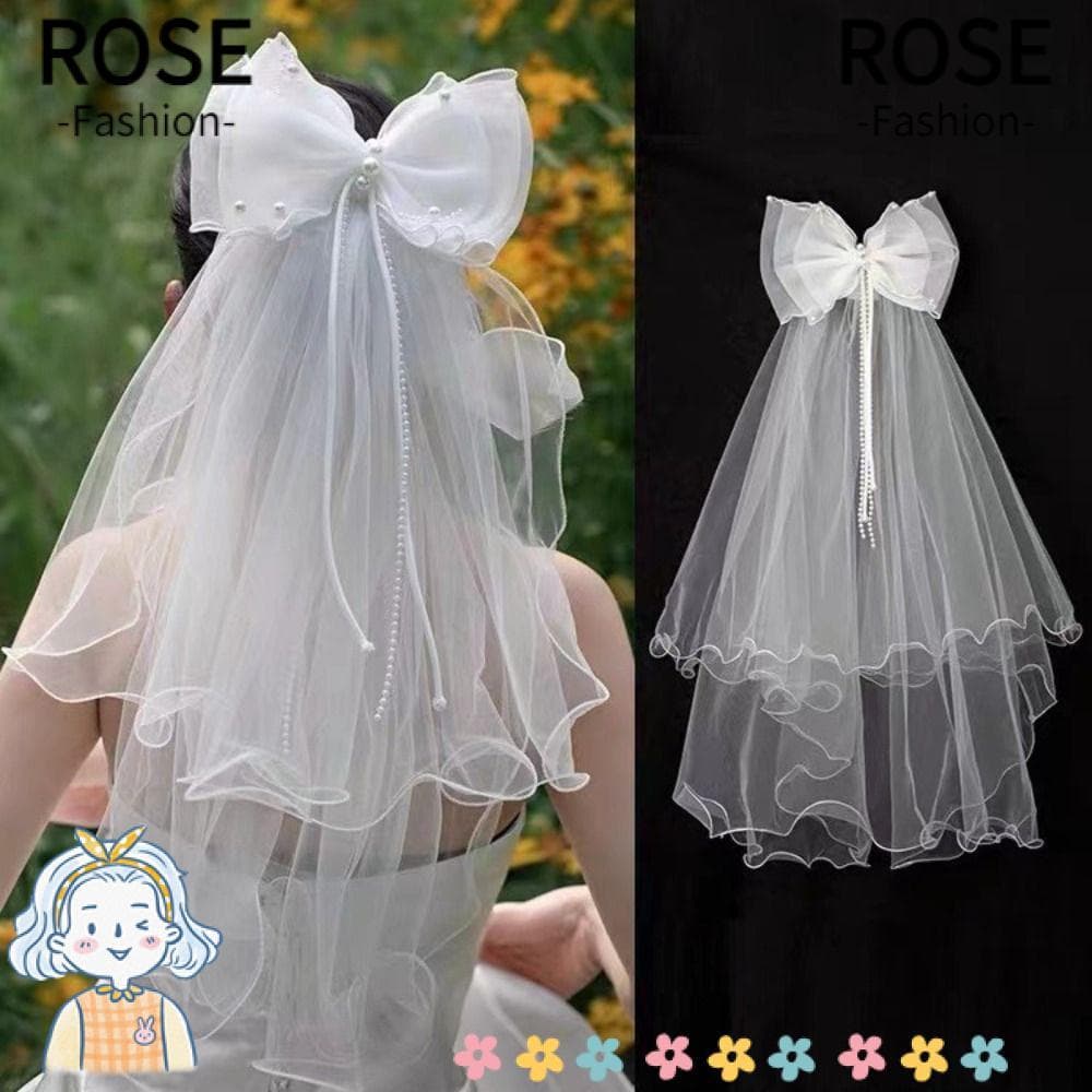 Véu De Noiva ROSEGOODS , Casamento Com Borda De Renda De Camada Dupla , Laço Branco Inchado Tule Feminino Para Festa