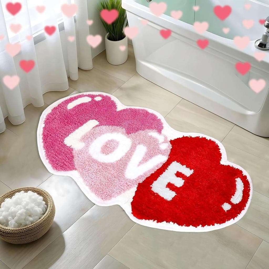 Valentines Bathroom Rug Non-Slip Love Shaped Heart Rug Pink Red Toilet Shower Mat Cute Decor for Bedroom Porch Entryway