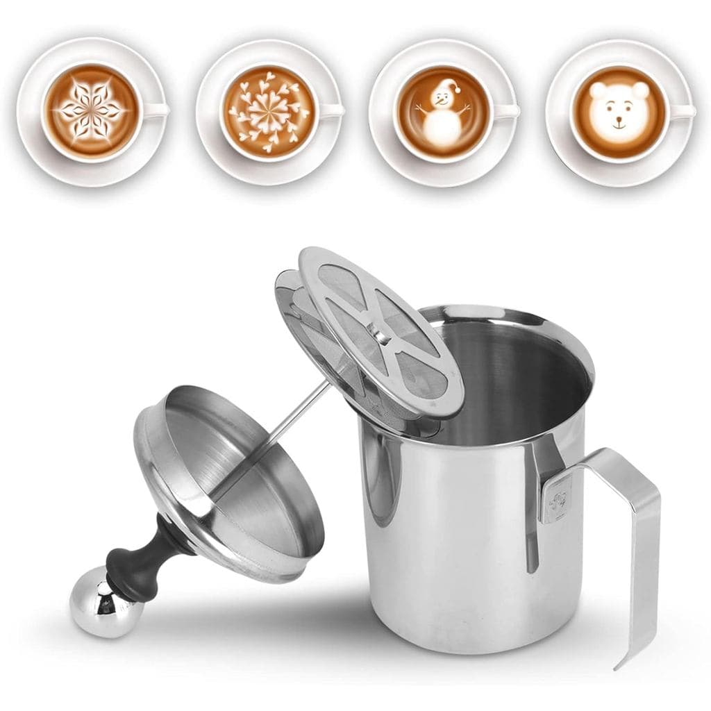 Espumador de Leite Manual, 14oz/400ml, Espumador de Leite em Aço Inoxidável com Tela de Malha Dupla, Jarro Espumador Por