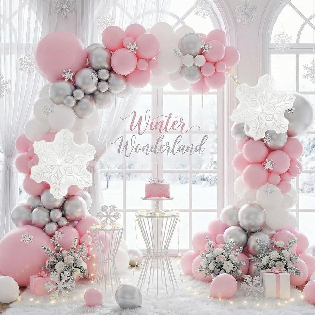 Kit de Arco de Balões de Inverno Rosa com 144 Peças, com Balões Brancos e Prateados em Forma de Floco de Neve e Estrela,