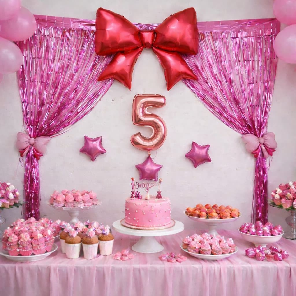 Kit Decoração Aniversário Menina com 2 Cortina Metalizada 1 Laço Gigante + Balão Número 3 Estrelas
