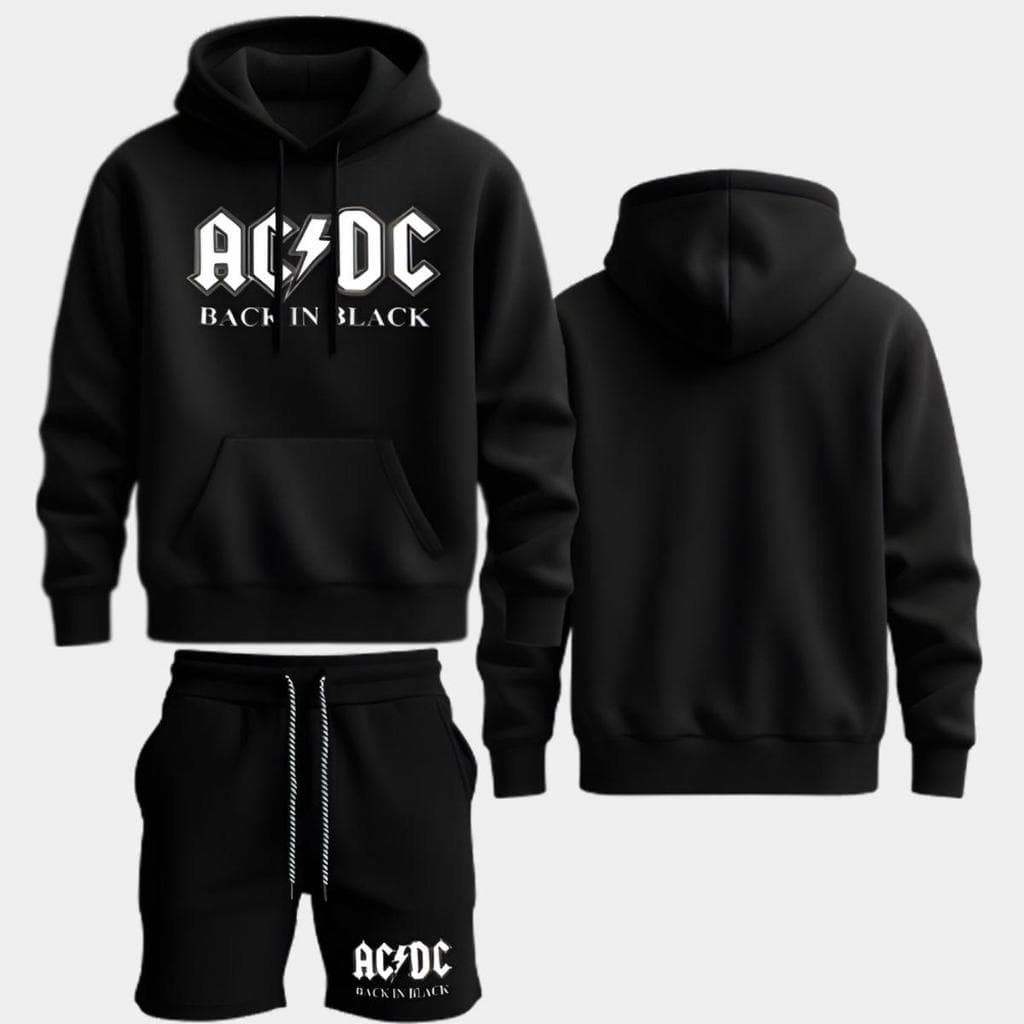 Conjunto Agasalho de Moletom e Bermuda de Moletom ACDC Black In Black Blusa de Frio