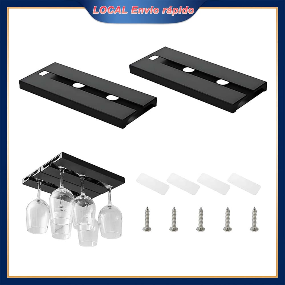 2 Peças Kit Suportes Taça Vinho Pendurar Armário Organizador Cabide Vidro 25,3x11x2cm Preto Adesivos Parafusos Sem Furar