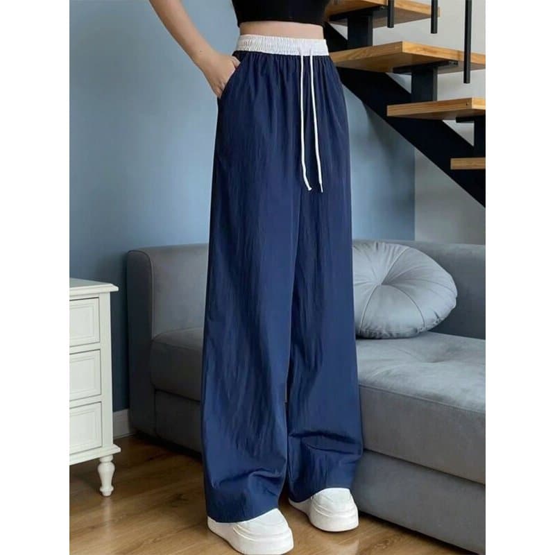 Azul marinho de secagem rápida calças de perna larga feminina primavera verão fino novo estilo cintura alta solta estilo