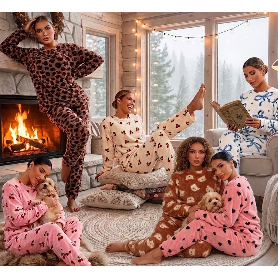 Pijama Feminino De Inverno Peluciado Estampado Conjunto Longo Blusa Manga Longa E Calça Quentinho Macio