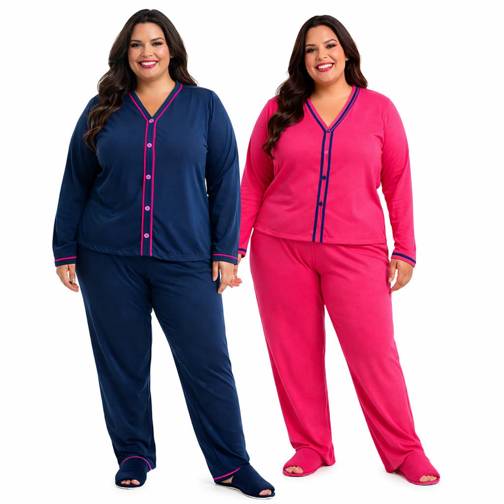 Kit 2 Pijamas Longos Plus Size Americano Feminino – Botão Malha Premium