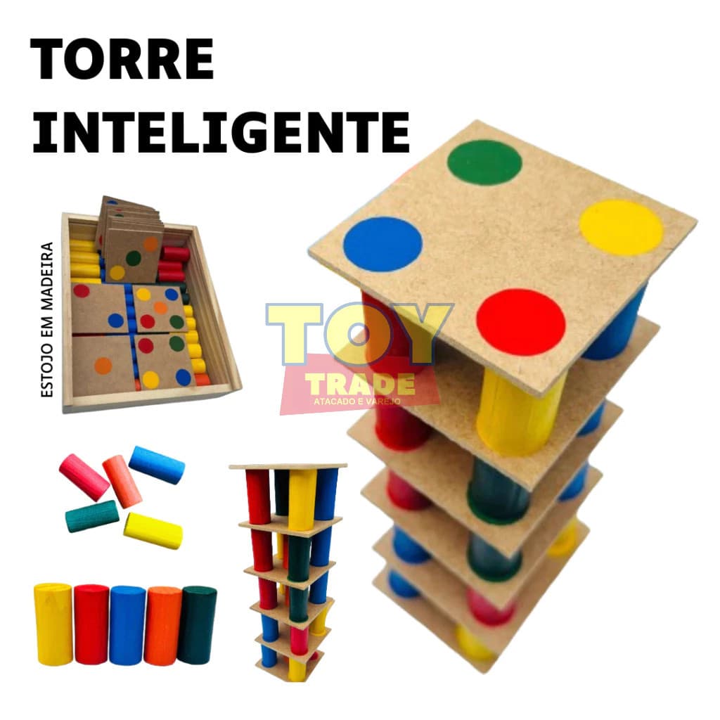 Torre Inteligente com 63 Peças em Madeira – Toy Trade Montagem Lógica e Coordenação Motora
