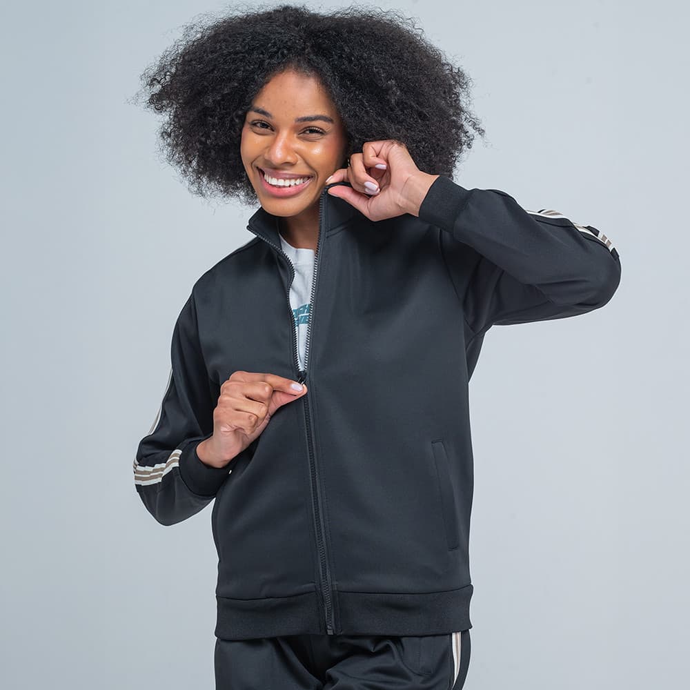 Jaqueta Track Jacket Feminina Listras Vermelhas Retrô Preto