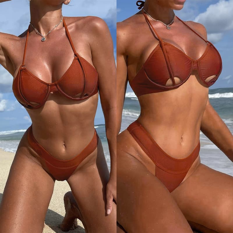 2022 novo biquíni maiô europeu americano oco feminino suporte de aço maiô atado Halter praia férias biquíni nadar