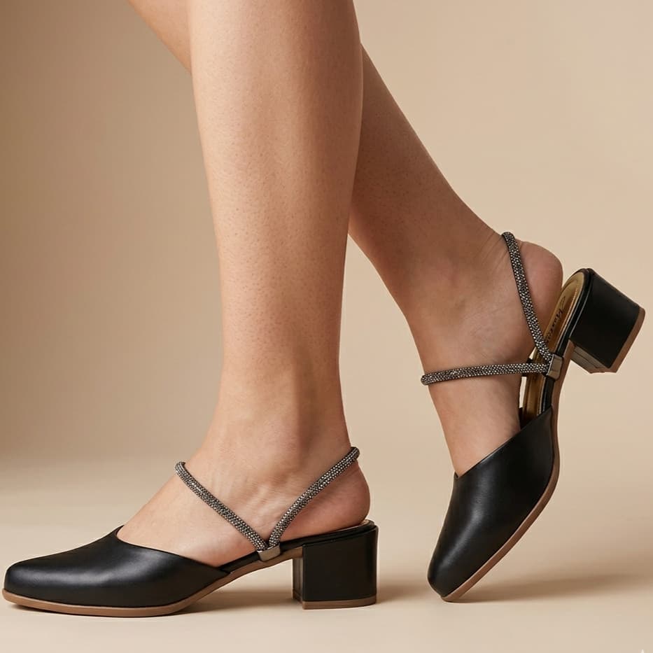 Scarpin Mule Strass Feminino Social Salto Médio Grosso Linha Conforto