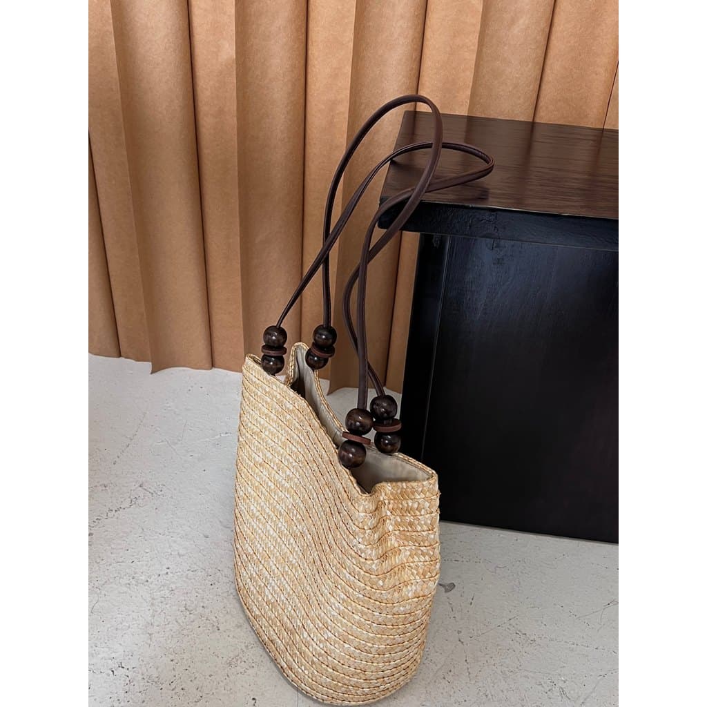 CHAWOOL francês Retro grande capacidade palha tecido saco de madeira grânulo fivela magnética bolsa de ombro férias prai