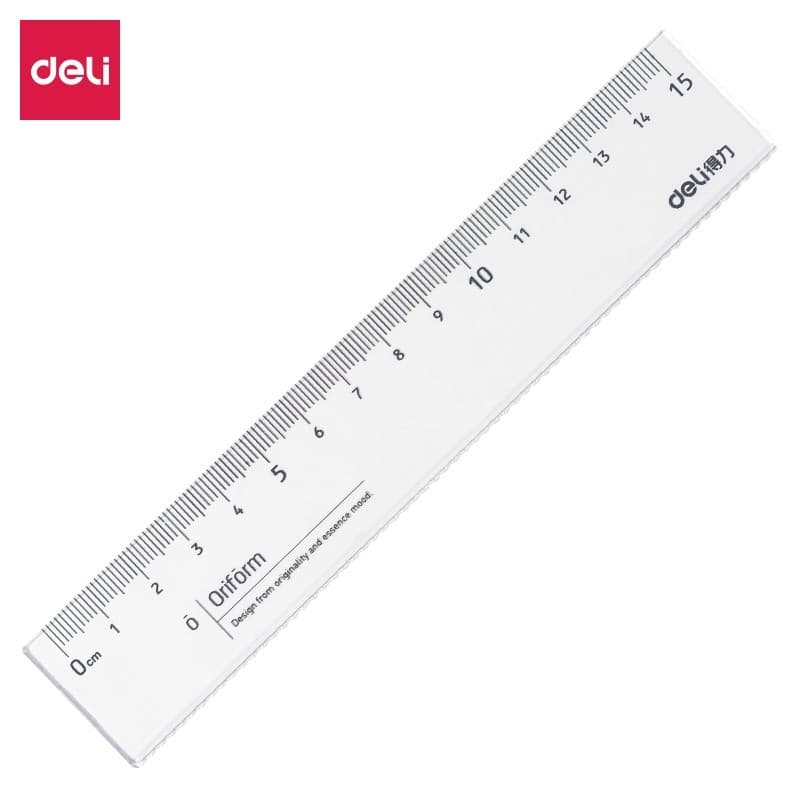Deli 79751 Régua de plástico transparente para estudantes, papelaria, escritório, régua, papelaria, 15 cm/alça única