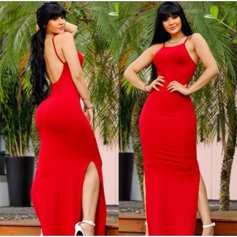 LONGO Vestido Feminino canelado Com Bojo longo Alcinha Decote Costa Nua fenda Lateral Várias Cores e tamanhos casual