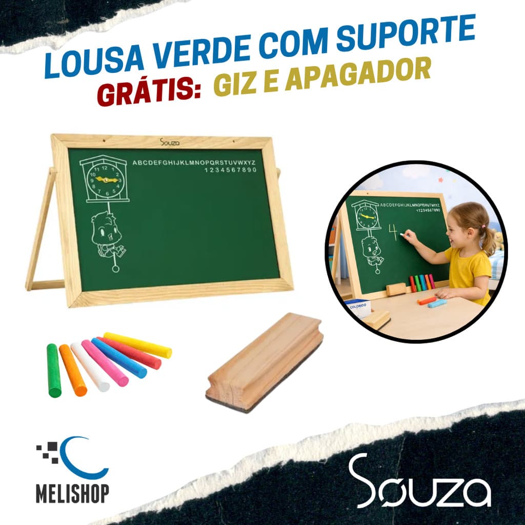 Lousa Quadro Verde Infantil 70x50cm com Suporte Cavalete, 8 Giz Coloridos e Apagador Souza