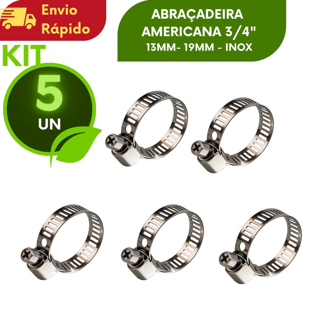 5 UNIDADES Abraçadeira Americana 3/4 Inox Para Mangueira Gás E Jardim
