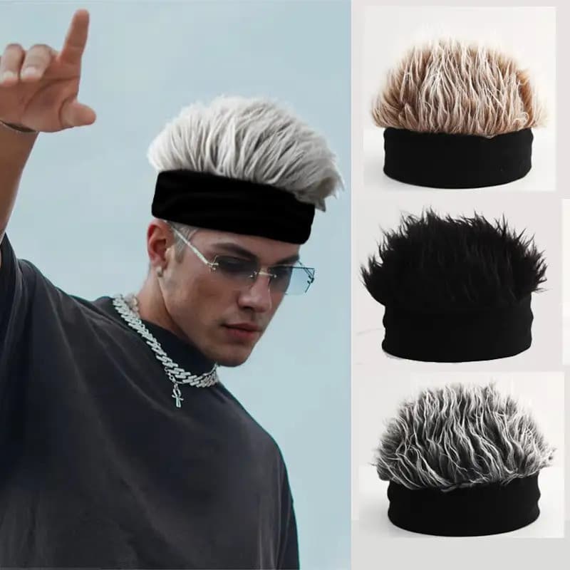 Gorro Masculino Estilo Hip-Hop com Cabelo Sintético - Boné de Malha Preto com Cabelo Sintético, Acessório Durável para F