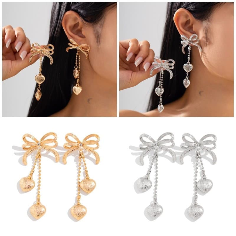 Bom Delicado Bowknot Forma Brincos Arcos Pingente Anéis De Orelha Com Coração Na Moda Acessórios Jóias De Baile Para Mul