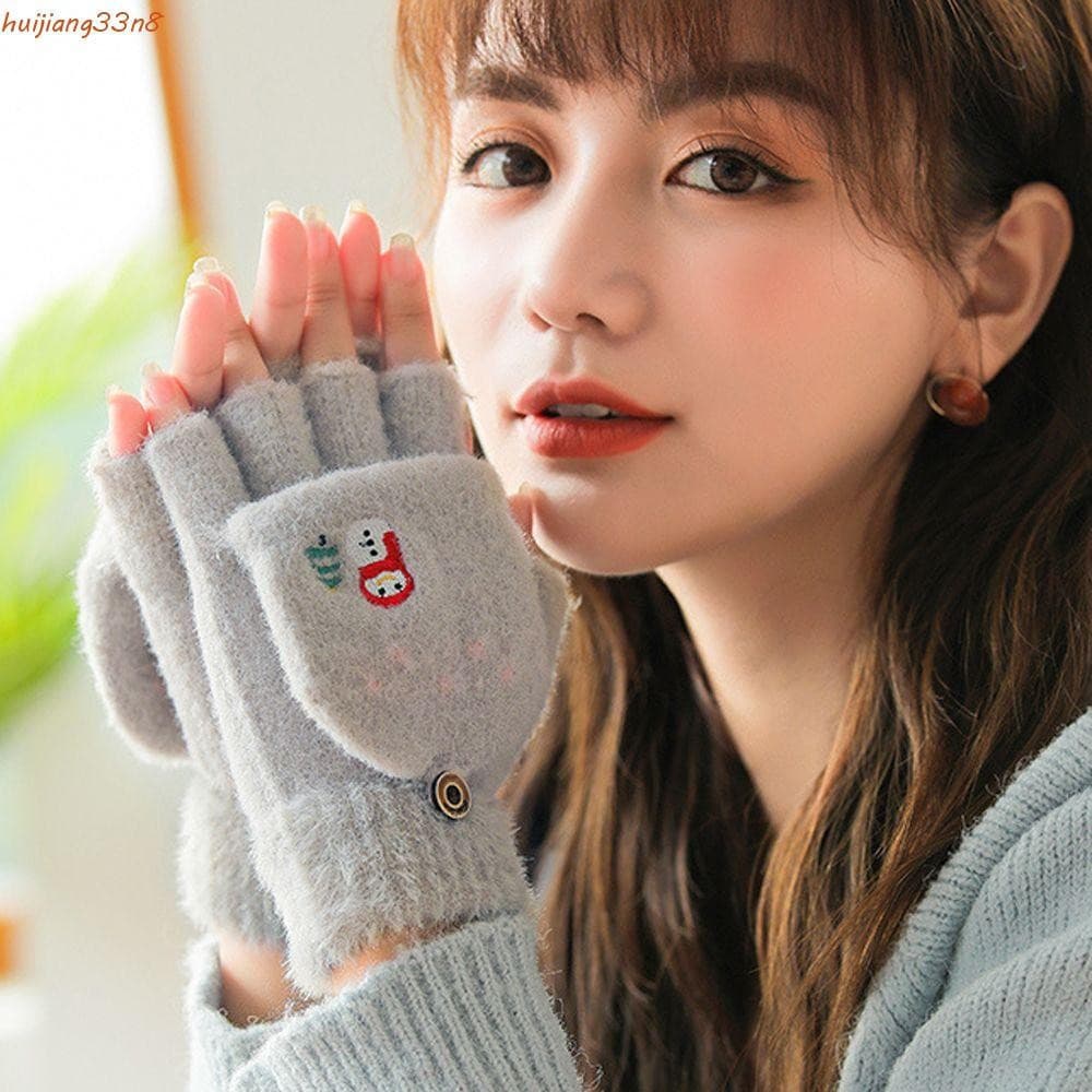 HUIJIANG Luvas Femininas Inverno Respirável Pelúcia Cor Sólida Manter Quente À Prova De Vento Meio Dedo