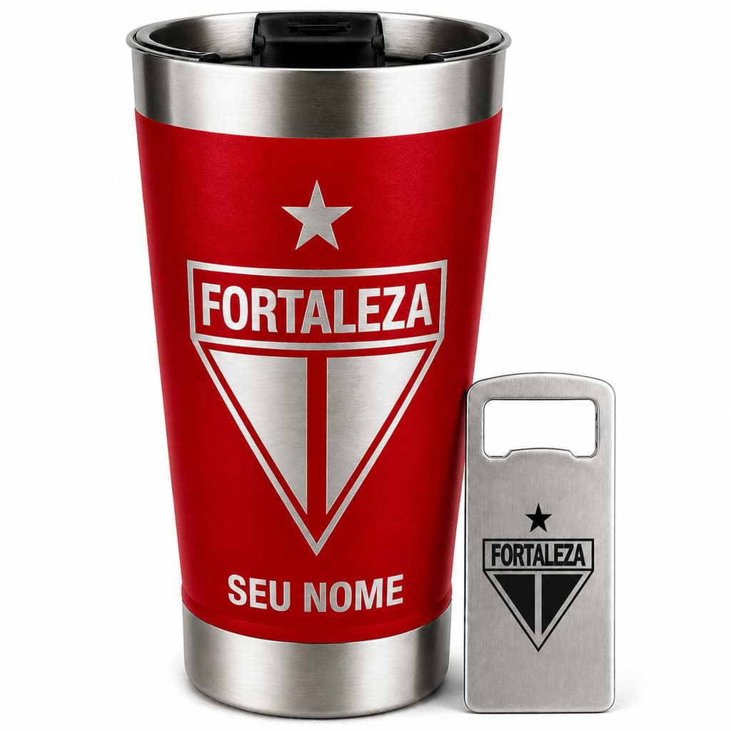 Copo Térmico VERMELHO Fortaleza 473ml Personalizado Nome Inox Tampa e Abridor Presente Torcedor Leão Envio Rápido 24hs