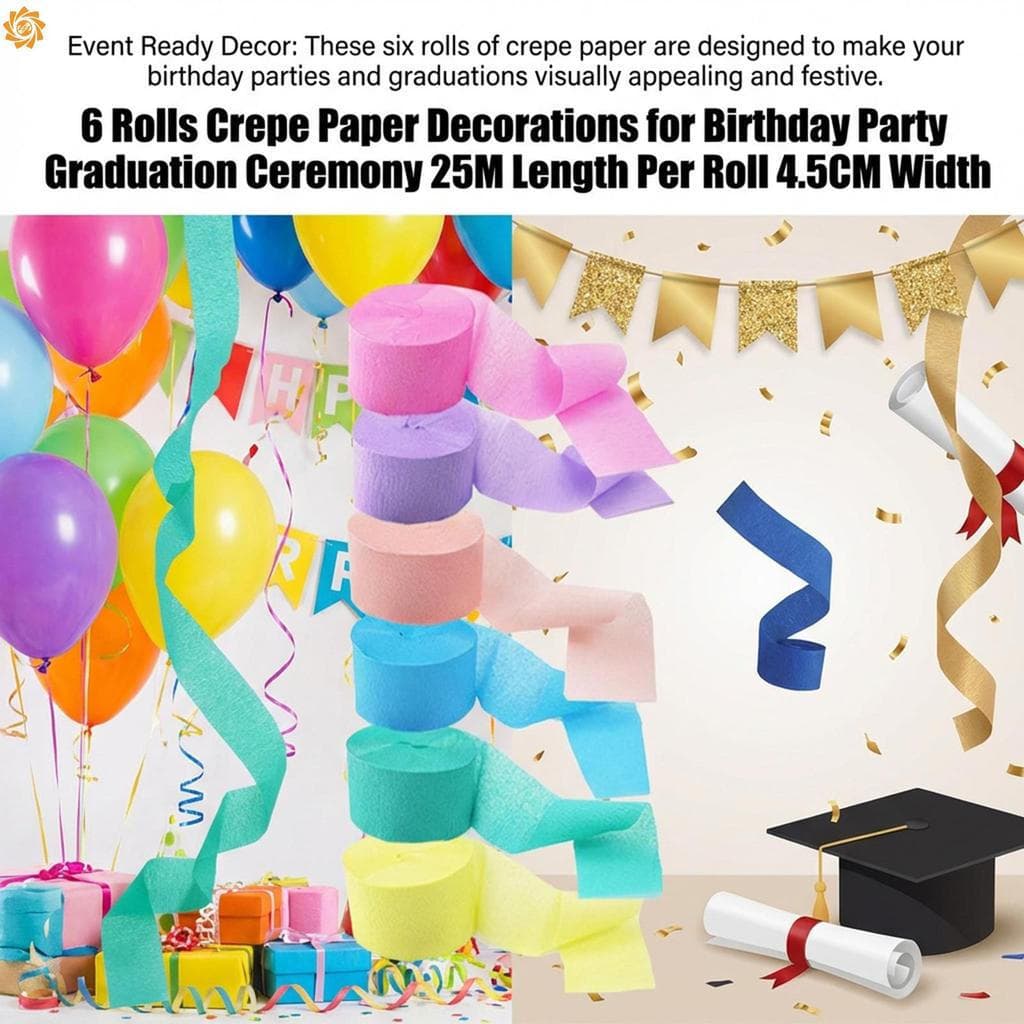 6 Rolos De Decorações De Papel Crepom-25 M De Comprimento E 4.5 Cm De Largura Para Formatura De Festa