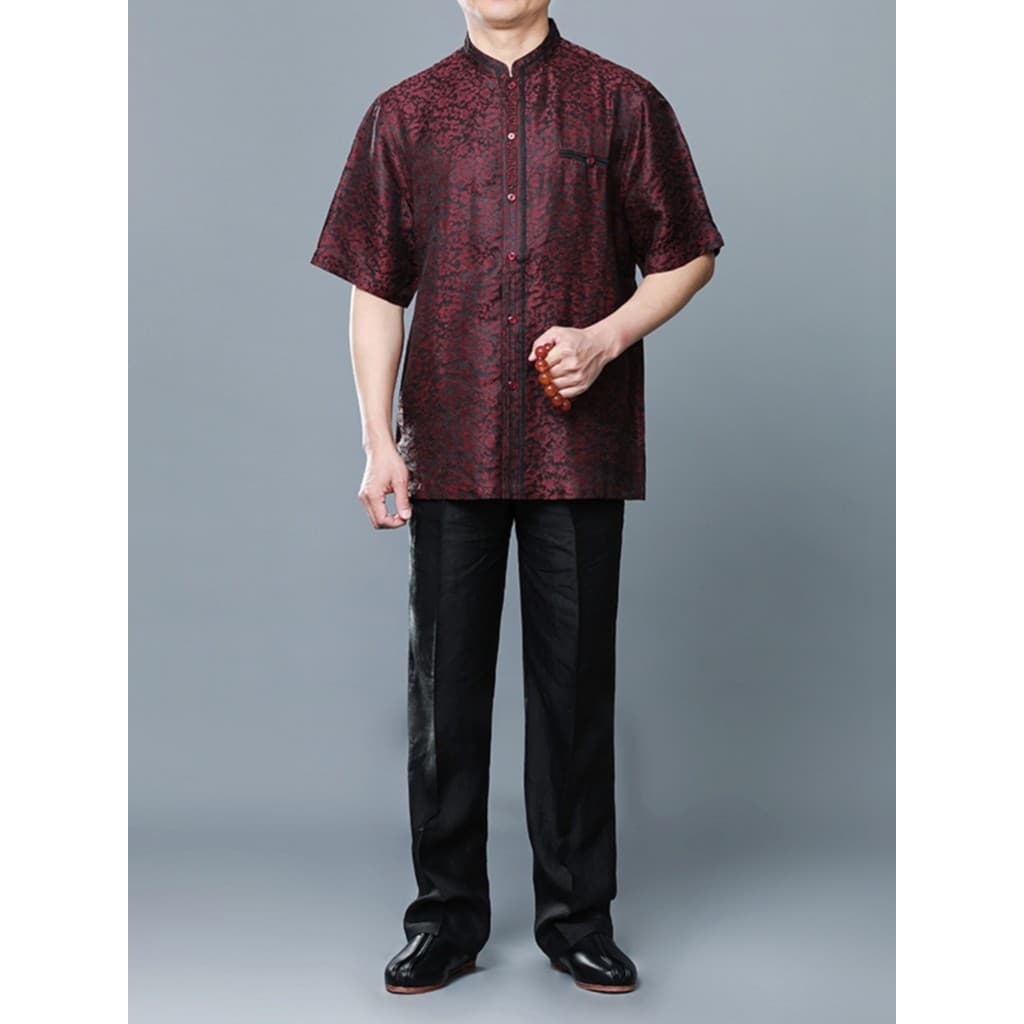 Baifulong High-End Mulberry Silk Perfumado Nuvem Fio Estilo Chinês Gola Alta Manga Curta Verão Novo Estilo Chinês Camisa