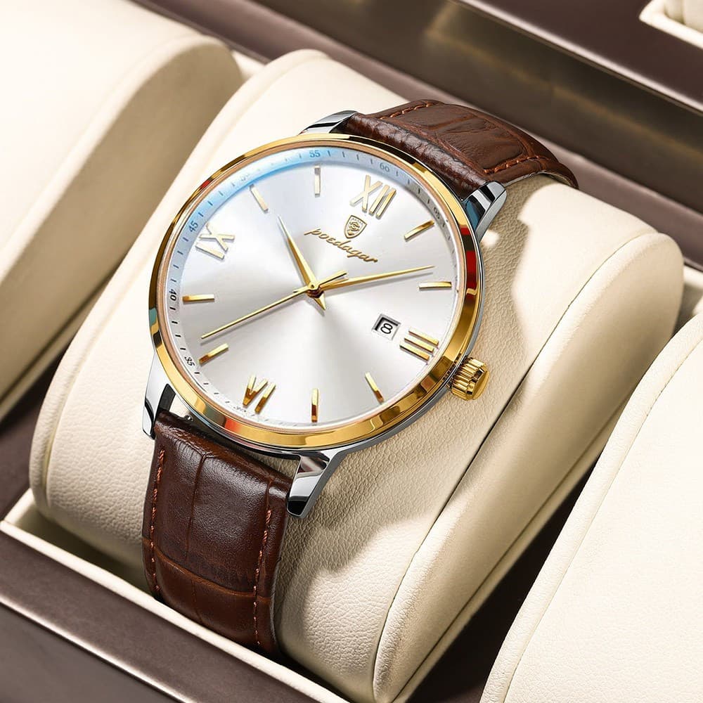 Relógio de Pulso Masculino POEDAGAR de Couro, Quartz, Casual, à Prova d'Água, com Display de Data Luminoso, Modelo Origi