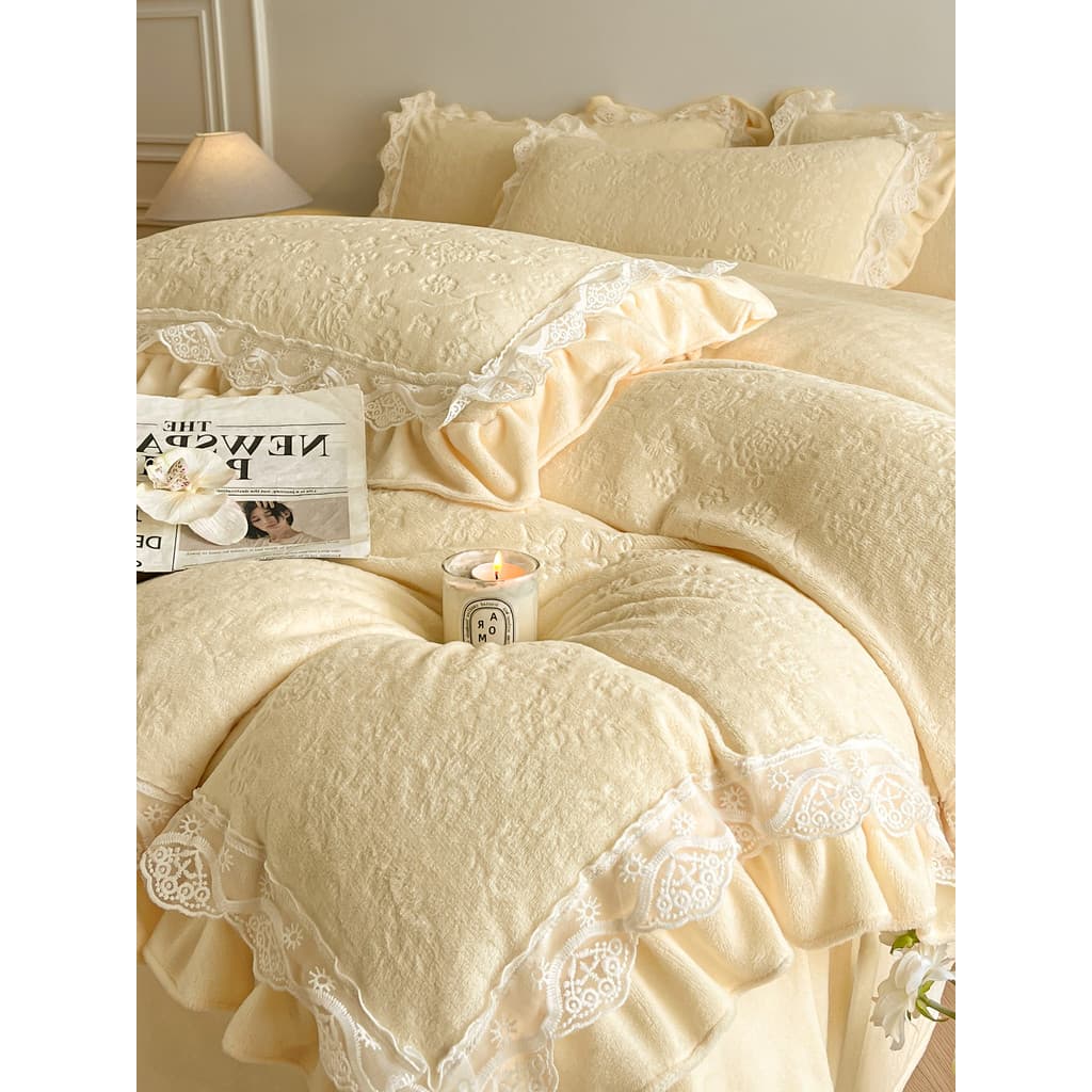 Estilo princesa esculpido inverno dupla face leite veludo cama conjunto de quatro peças velo quente rendas colcha capa l
