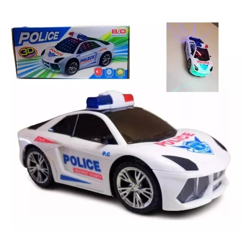 Carro Polícia 3D Infantil Com Luz Som Bate Volta Menino
