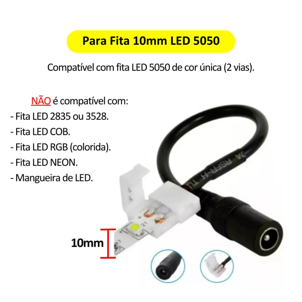 50 Und Conector Plug P4 Fêmea Para Fita LED 5050 Com Emenda 10mm Cabo 2 Vias Cor Única