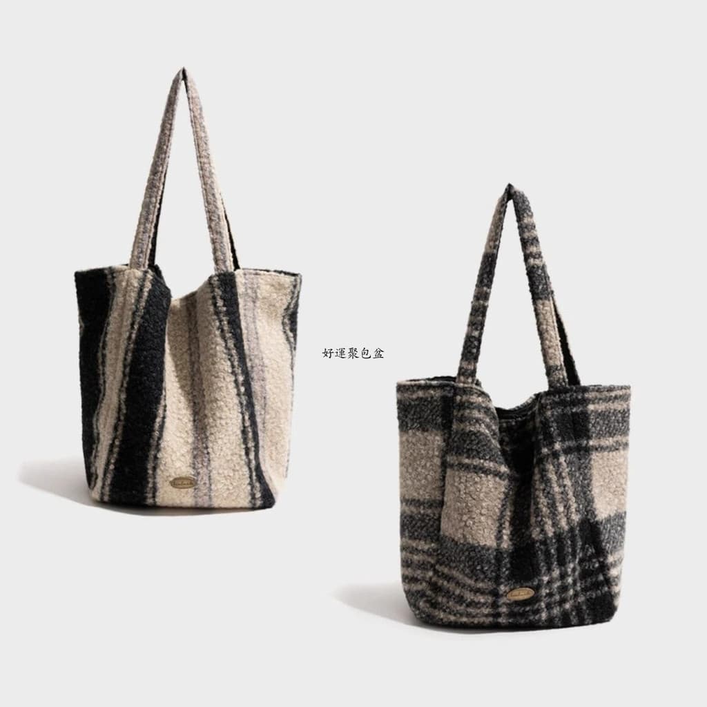 Dupla face estilo coreano preto branco xadrez lã bolsa de ombro balde bolsa de ombro bolsa de ombro bolsa Retro bolsa de