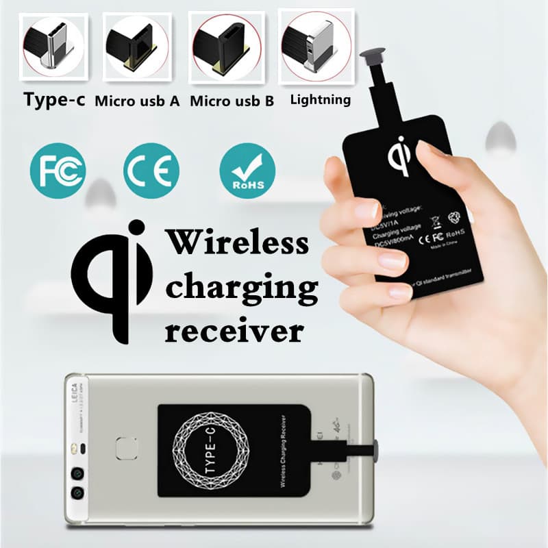 QXZ Adaptador De Carregamento Sem Fio Receptor Tipo C MicroUSB Relâmpago Suporte Para IPhone Android Telefone Carga