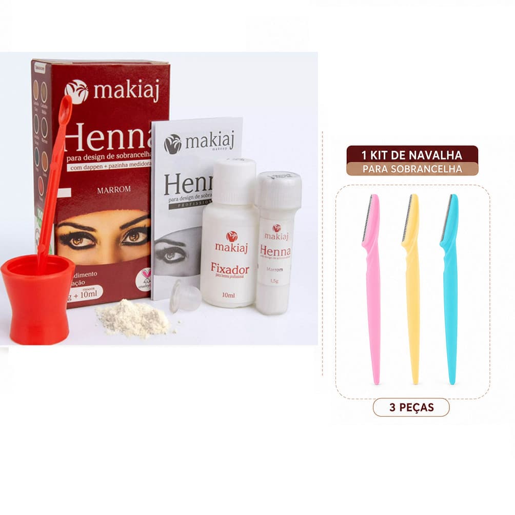 Kit Sobrancelha Henna Makiaj Marrom + 3 Navalhas para Design e Acabamento