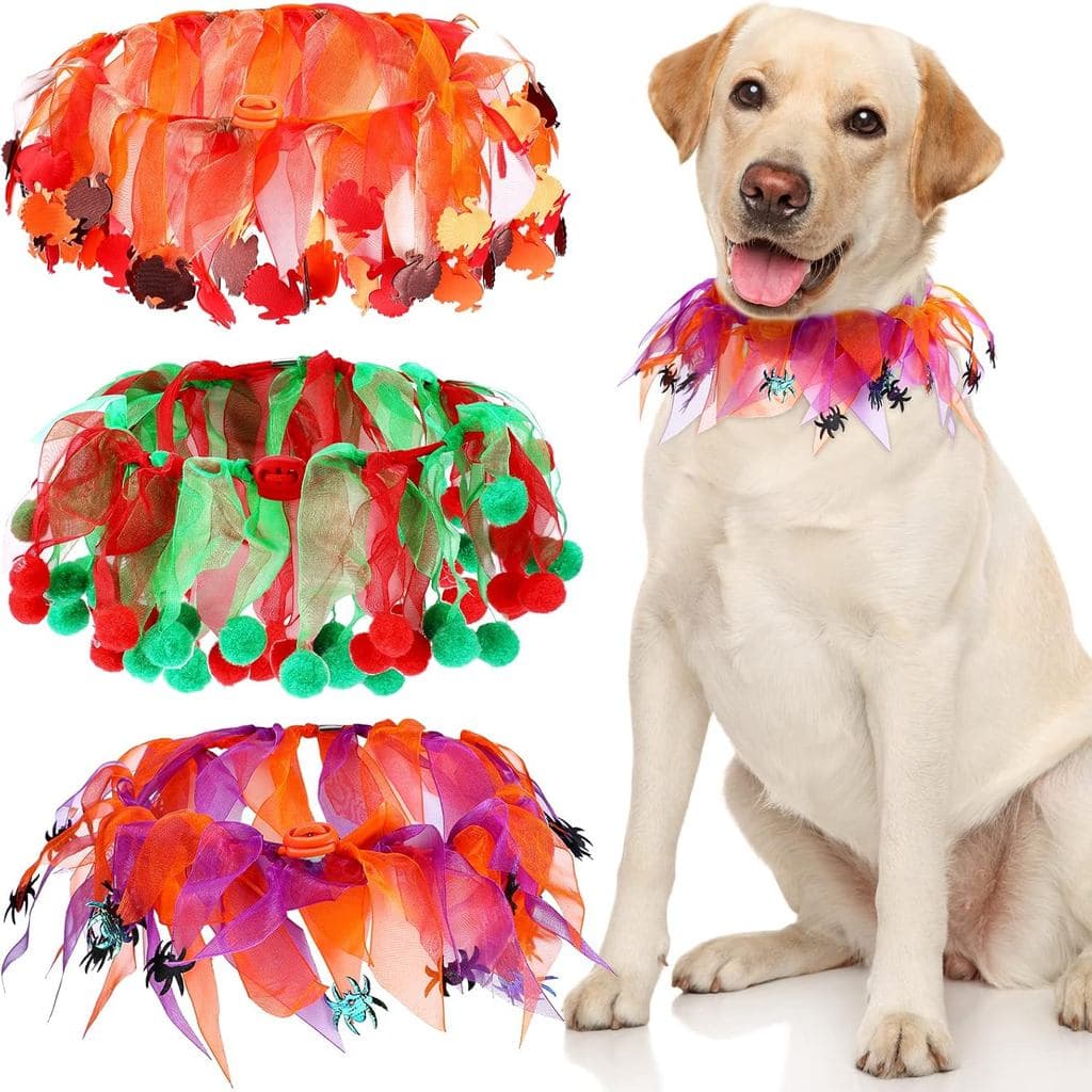 Oudain Conjunto de 3 Coleiras para Cães de Halloween e Ação de Graças, Coleira Decorativa Ajustável com Babados para Cãe