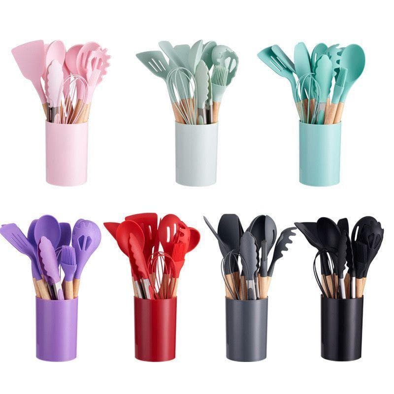 Jogo de Cozinha Kit C/12 Peças Utensílios de Cozinha em Silicone e Cabo de Madeira Antiaderentes