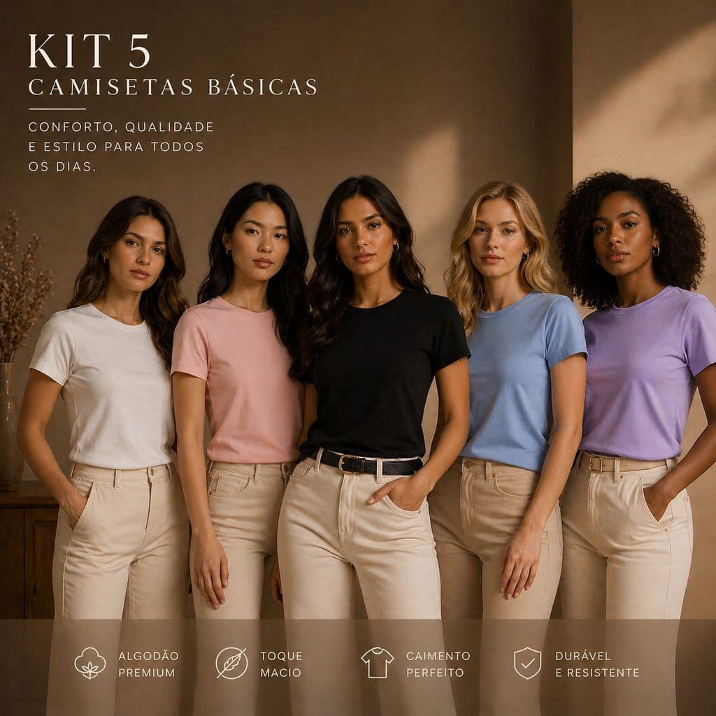Kit 5 T-shirt Lisa Peruana 40.1 Cotton Pima Sem Estampa Feminina Baby Look Tee Camisa Unissex Blusinha Basica