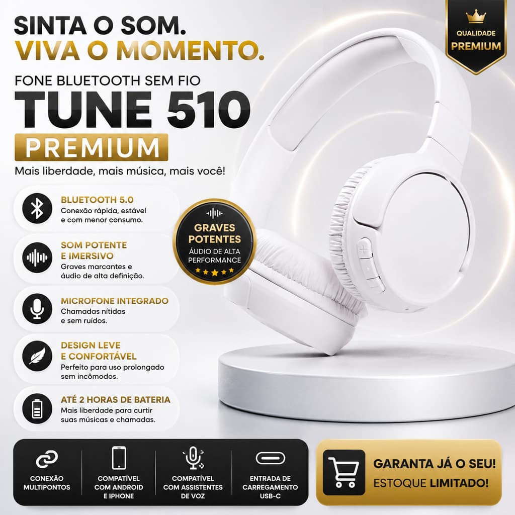 Fone Bluetooth Sem Fio Tune 510 Premium Branco Headphone Gamer Com Microfone Bluetooth 5.0