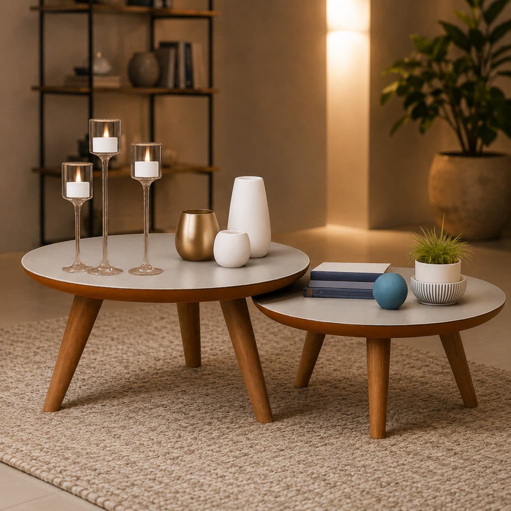Kit 2 Mesas De Centro Redonda Para Sala De Estar Decorativa Casa Com Pés Palito Madeira