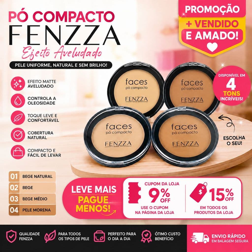 Kit 5 Pó Compacto Faces Efeito Aveludado - Fenzza 4 Tons Matte