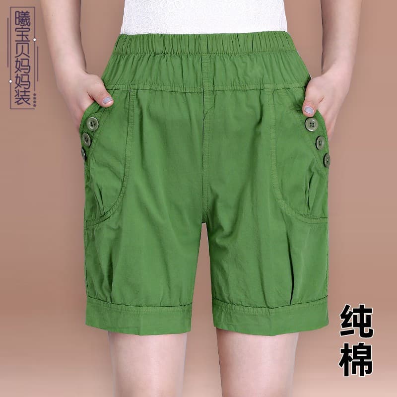 Shorts de algodão de meia-idade, mãe idosa, elástica, cintura alta, calças cortadas, soltas, roupa externa, algodão puro