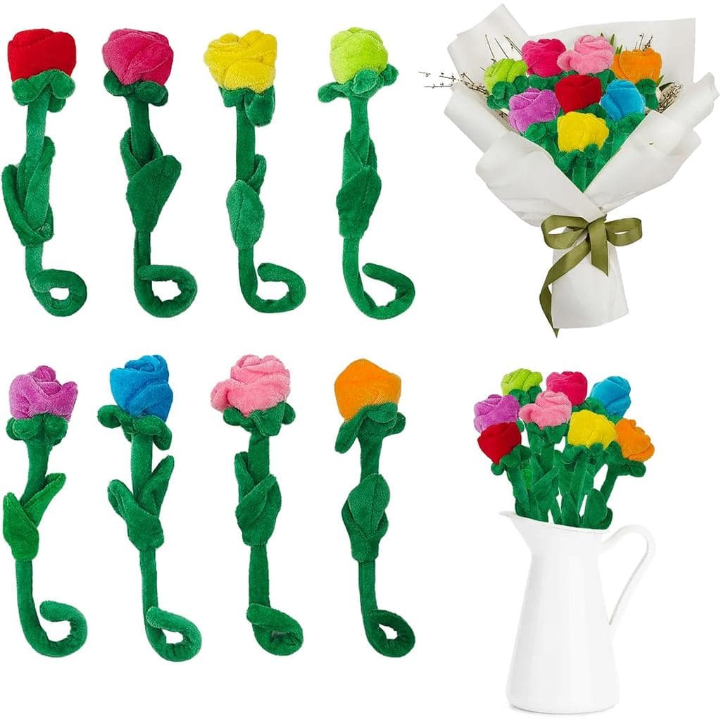 Pacote com 8 Laços de Cortina de Flores Artificiais de Pelúcia, Rosas Coloridas com Hastes Flexíveis, Buquê de Presente