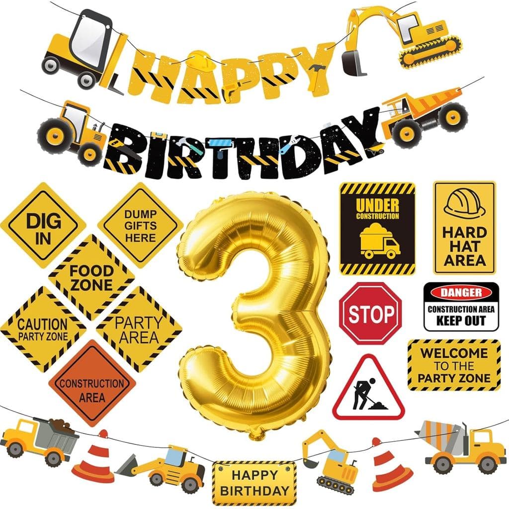 Suprimentos para Festa de Aniversário de 3 Anos com Tema de Construção, Kit de Decorações com Tema de Caminhão Basculant
