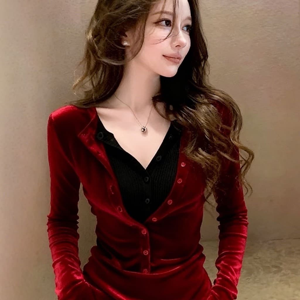 Francês elegante linda camisa falsa de duas peças feminina de manga comprida outono inverno novo estilo nicho luz madura