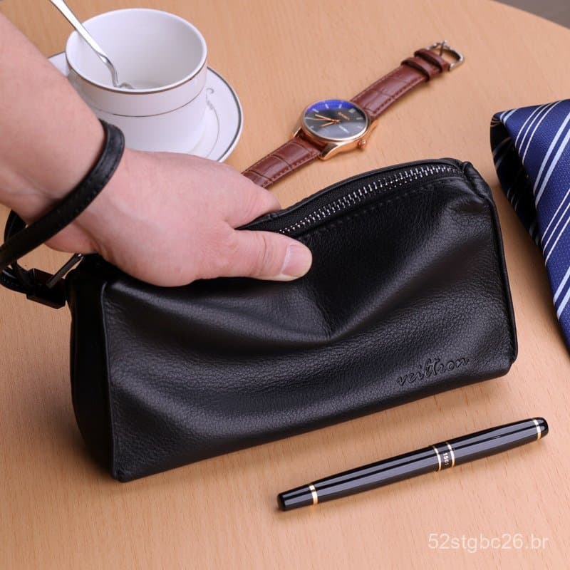 Bolsa masculina de couro de primeira camada, macia, tipo clutch, bolsa de mão, carteira, pasta, bolsa para celular de gr