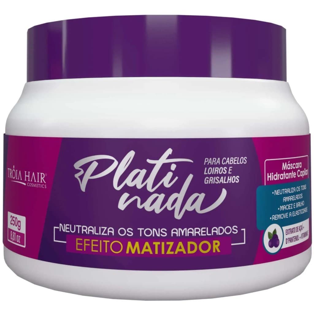 Máscara Matizadora Platinada Tróia Hair 250g Tira Amarelado e Alaranjado com D-Panthenol e Vitamina E Hidratação Brilho