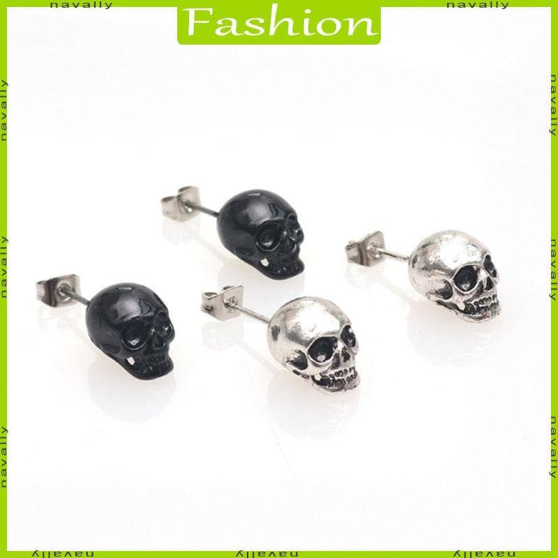 nava Punk Brincos Caveira Aço Inoxidável Prata Preto Rock Piercing Orelha