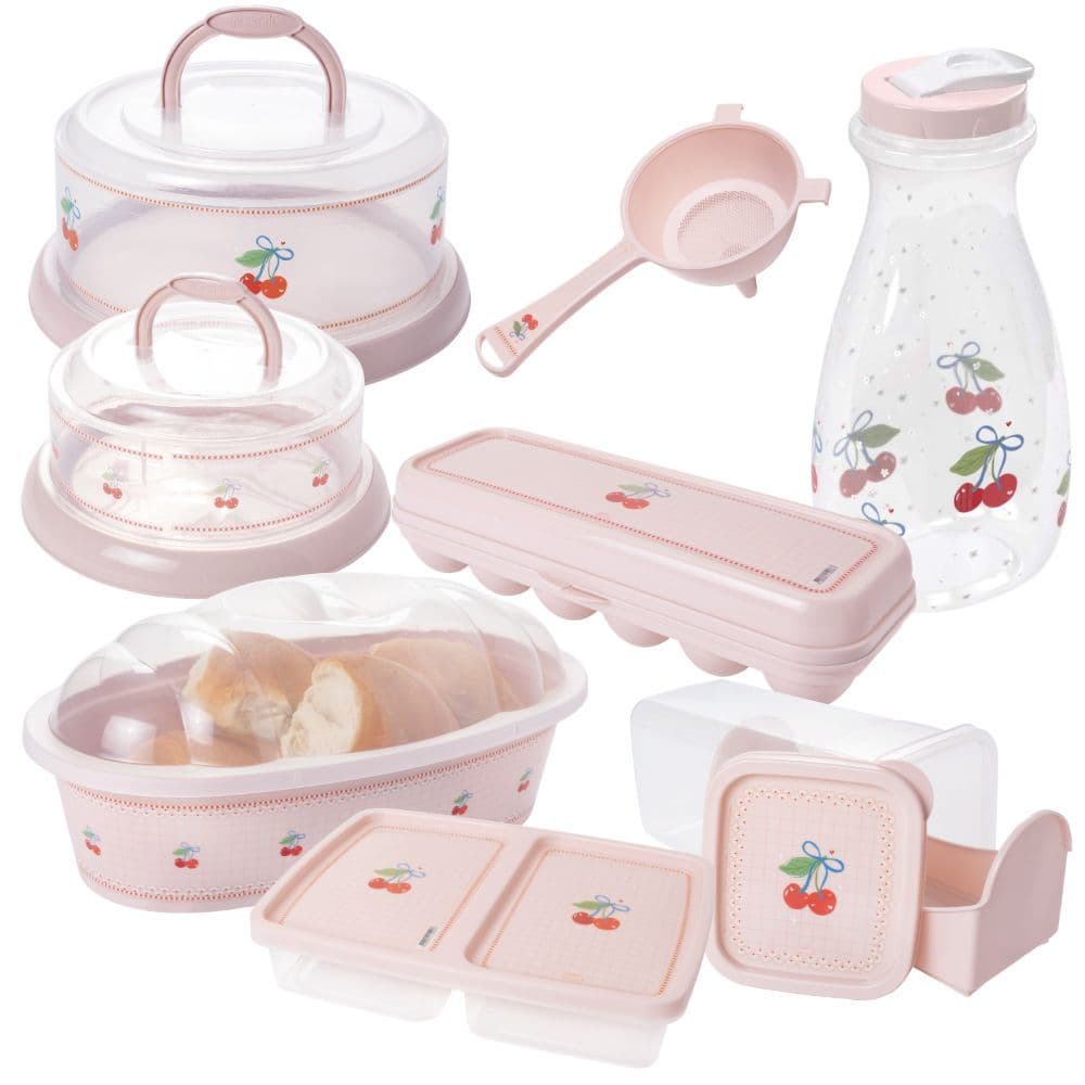 Kit Boleira, Queijeira, Porta Pães, Porta Torradas, Porta Frios, Porta Ovos, Garrafa 1,8L e Peneira Funil rosa 8 peças