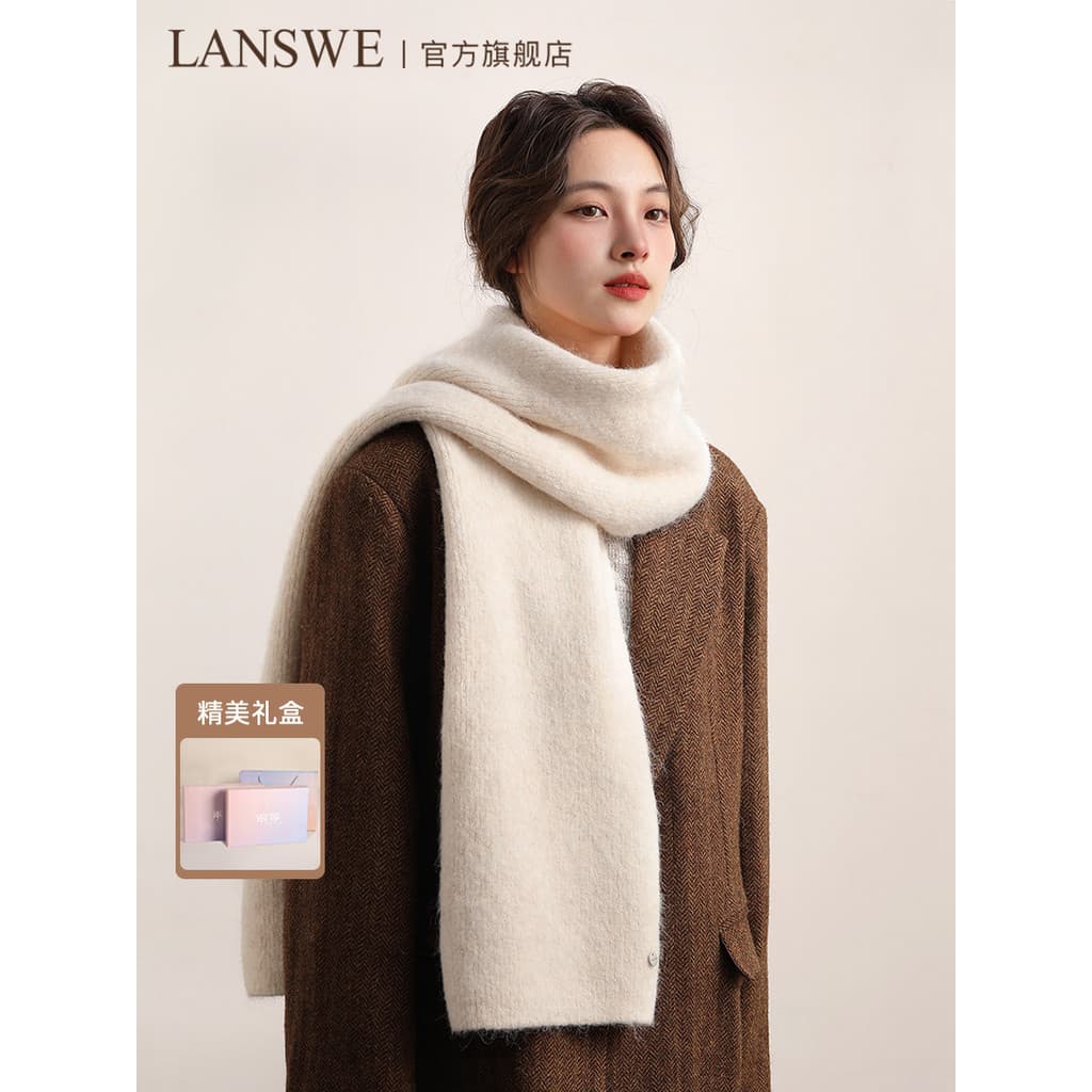 Langsha lã misturada cachecol feminino inverno branco quente cachecol engrossado novo estilo xale meninas presente caixa