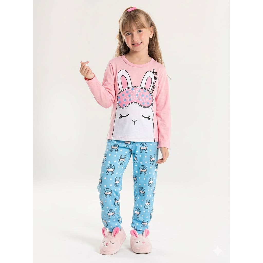Conjunto Pijama Infantil Feminino Coelhinho Boa Noite Manga Longa Confortável - Rosa | ED KIDS Rosa
